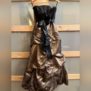 Bronze Metallic Strapless Bubble Hem Evening Gown Black Satin Bow Prom Sz 5